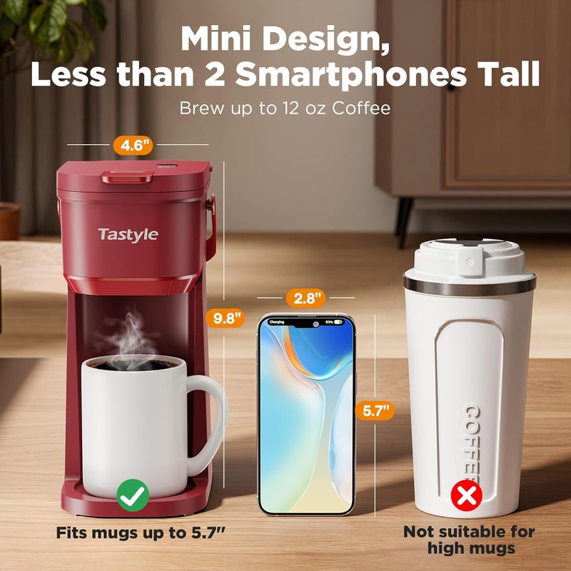 Tastyle Single Serve One Cup Coffee Maker, for K Cups and Grounds, Mini Coffee Maker with Portable Handle, 6 to 12 Oz Brew Size, for Travel, Camping, Office, RV and Dorm, 120V, Vintage Red - Image 3
